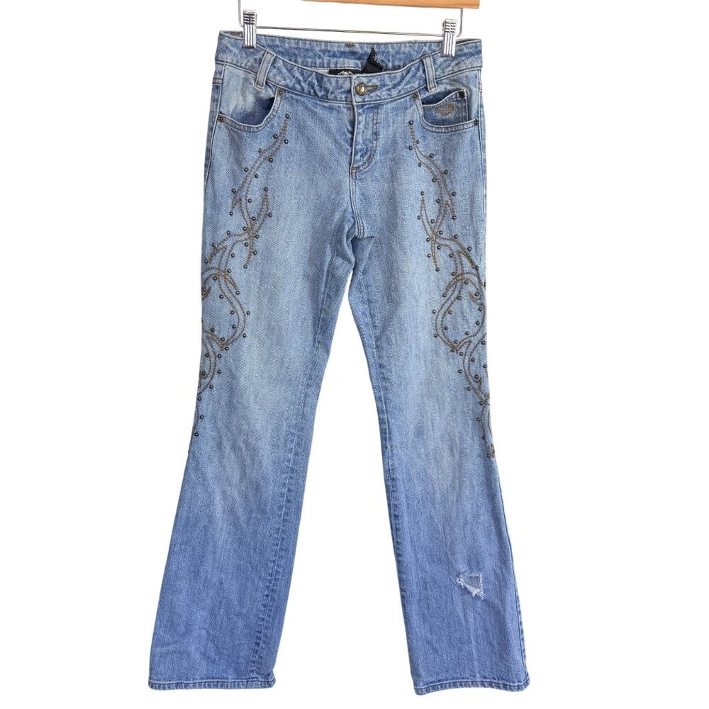 Harley Davidson Womens Studded Bootcut Jeans Size 4 Long Light Wash Embellished